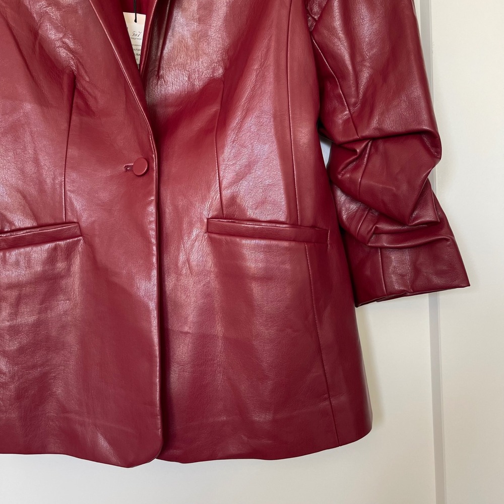 NWT Cinq a Sept Kylie Vegan Leather Jacket Sz 0 Rhubarb Red Ruched Sleeve Blazer - Picture 9 of 16